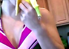 Sweet Babe showing medium tits and ass in photoshoot. She teasing by licking banana and showing her perfect ass