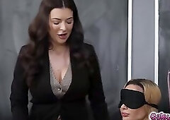 Sarah Lace quietly pleasures Crystal Rush while she is in blondfold