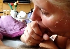 Naughty mature wife gives a blowjob and swallows a hot load