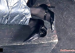 Mature slave flagellated while strapped and hooked