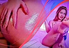 A girl with a biggest booty pours oil on herself, shows her legs, vagina, arsehole, neat charming melons, worships a large ebony vibrator in each poss