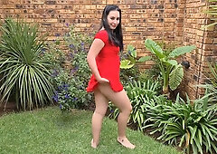 Brunette women letting nature take its course outdoors and in private