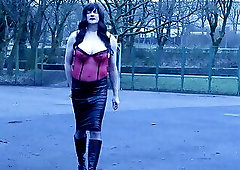 crossdressed outdoors at a skate park