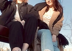 Blonde and brunette lesbians stripping and making out