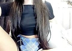 long black hair transgirl tugs her big dick on webcam