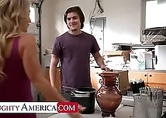 Blonde MILF Laura Bentley thanks son's friend by riding his cock