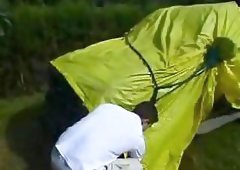 Tgirl gets facial after anal madness outdoor