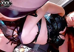 Red XXX stuffs her pussy with a big black dildo