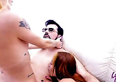 Blond and redhead with sinless faces getting banged in the booty by a large-dicked grandpapa