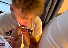 Little blond slut spit-roasted creampied