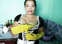 This movie is a request from a user: Here is his script: Would love if u wear yellow rubber gloves and a maid outfit. When cleaning in the kitchen u w