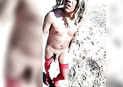 Tranny whore walks with hose, buns, booty-plug and heels, very captivating and sexy