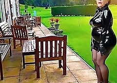 Golf Club Slut Shiny PVC Plastic Skirt High Heels Stocking Slut on The Club Patio