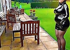 Golf Club Slut Shiny PVC Plastic Skirt High Heels Stocking Slut on The Club Patio