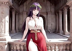 The purple-haired dominatrix has arrived! The story starts in a magnificent ancient colonnade where this babe sits cross-legged with grace, her red an