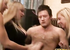 Femdom CFNM women jerking guy off in this hd movie scene