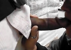 Old salesman blowing black cock in a hardware store 6