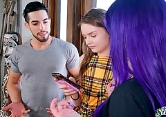 FFM sex on the leather sofa with Val Steele and Jessae Rosae