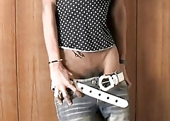 Long legged ladyboy inserts cucumber in tight ass and cums