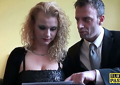 British blonde in lace lingerie and stockings dominated and made to squirt