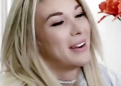 Hot sex between bearded dude and beautiful blonde tattooed shemale