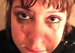 Submissive slut eats cum off of a plate - Brunette