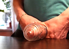 2 dudes take turns drilling a spandex slot and jizz inwards it.