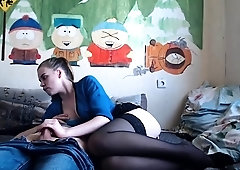 Voluptuous camgirl in stockings teases and pleases a cock