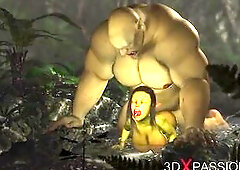 Green monster Ogre bangs hard a lewd female goblin Arwen in the enchanted forest