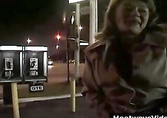 Horny granny with saggy boobs is about to have her 1st male+male+female three-some, until this babe cums