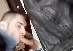 Young fellow in leather and denim blow fuck-stick by bad fellow in leather jacket