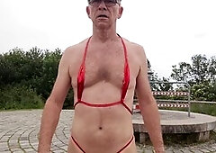 Submissive crossdresser Sklave-Franzd gets dominated in public with a huge anal toy