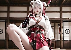 The Red & White Kimono Warrior has arrived! In a Zen inspired traditional room, a silver haired angel in a modified battle kimono kneels on soft t