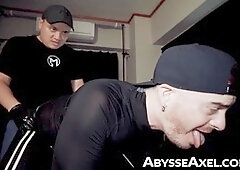 Jock sir Sim punches and takes hardcore pleasure with a giant dildo in the spectacular big booty of Axel Abysse
