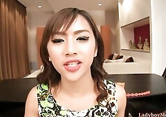 18yo Thai t-girl Pancake exposes herself and pulls down pants. POV dude inserts anal beads into Pancakes butt and suggests her his cock to suck. After