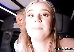 Three BFFs Bully His Cock in the Limo for a Foursome