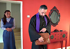 Horny priest & his bad boys team up to satisfy a naughty MILF in lingerie & stockings