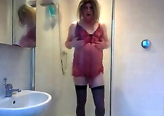 Black stockings and red negligee in the shower