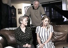 Hubby notices that his blond aged wife Dee Williams with large titties has a lesbo mastix Katie Morgan The breasty MILFs lure him into three-some and 