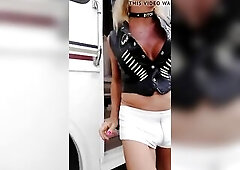 watch me willing for my job:street wench with haunch boots,leather top, open white leather hotpants with a pink buttplug my love button in chastity de