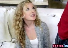 Tiny blonde teen rides