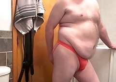 Huge furry bear Toddtricks squirts through jockstrap while using dildos