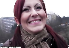 Czech redhead is paid money to flash and suck weenie in public