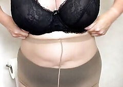 Mrs Older Feet dressing in her everyday large ebony granny panties and her Tan Hose which that babe knows u will all love. Seeing her in her large pan