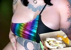 Hot brunette big boobs toying pink pussy