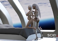 Torrid dickgirl hookup cyborg plows a youthful dame in space station