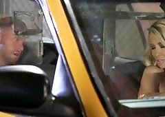 Female taxi driver and passenger play with genitals in the car