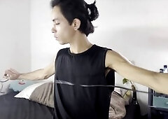 Well-endowed guy trims hair then ends up covered in cum