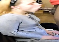 Horny, white golden-haired is sucking a large, ebony ramrod quite unfathomable and awaiting a dirty facial