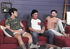 Two gay buddies fuck their best straight friend in a threesome